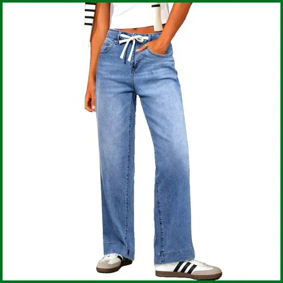 High Waisted Wide Leg Jeans Stretchy Straight Leg Baggy Drawstring Denim Pants - Picture 1 of 7